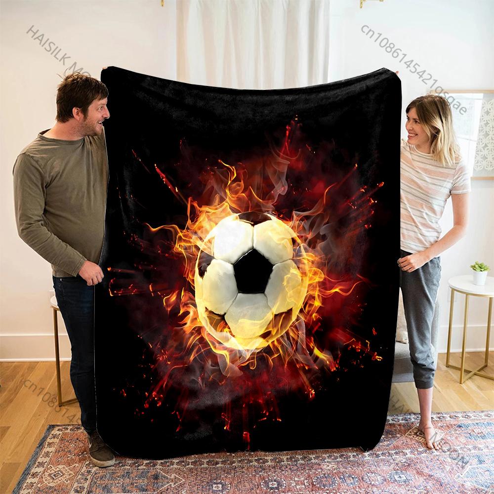Soccer ball surrounded by flames pattern Blanket Flannel Material Soft Warm for All Seasons Home Outdoor Camping Picnics RV