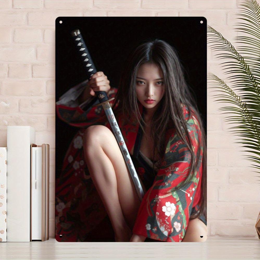 HD Tin Sign Japanese Samurai Girl Katana Kimono Vintage Metal Wall Art Decor for Home Bar Man Cave