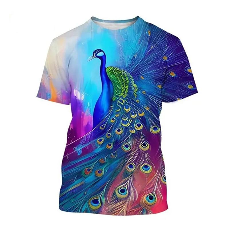 New Peacock 3D Printing Men's And Women's Fashion T-shirt Animal Color Feather Fan O Neck Short-sleeved Oversize Casual Tops Tee
