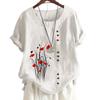 Womens Linen Cotton Casual Tee with 6 Colorful Floral Print Patterns, Round Neck, Short Sleeves S-5XL