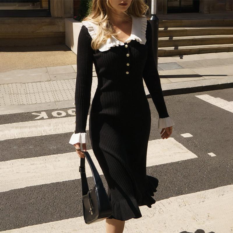 Elegant Ruffled Maxi Dresses For Women Autumn Winter Knitted Slim Long Dress Women's Vintage Dress Woman Retro Knitwear
