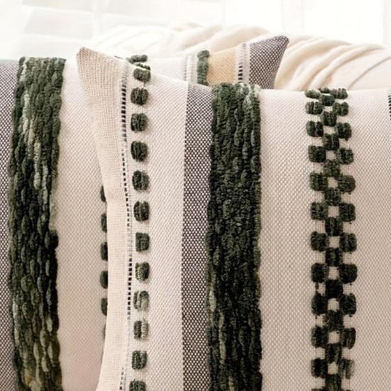 Boho Chenille Tufted Throw Pillow Cover Farmhouse Striped Decorative Cushion Case Square Pillowcase for Living Room Sofa Bed Couch Decor