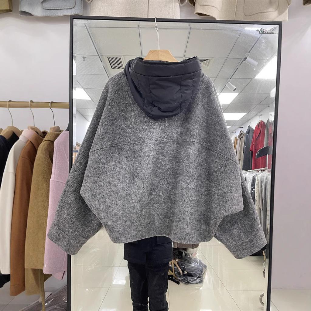 Весенне-осенняя новая шерстяная куртка Двустороннее шерстяное пальто С капюшоном Рукав летучая мышь Короткая куртка с капюшоном женская