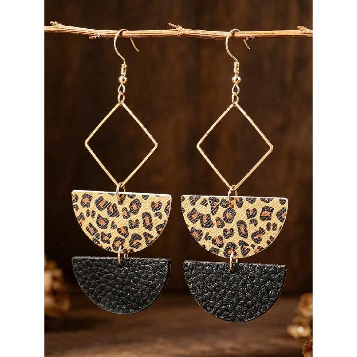 1 Pair Vintage Sexy Leopard Print & Black Half-Circle PU Leather Earrings, Metal Rhombus Geometric Patchwork Pendant Earrings