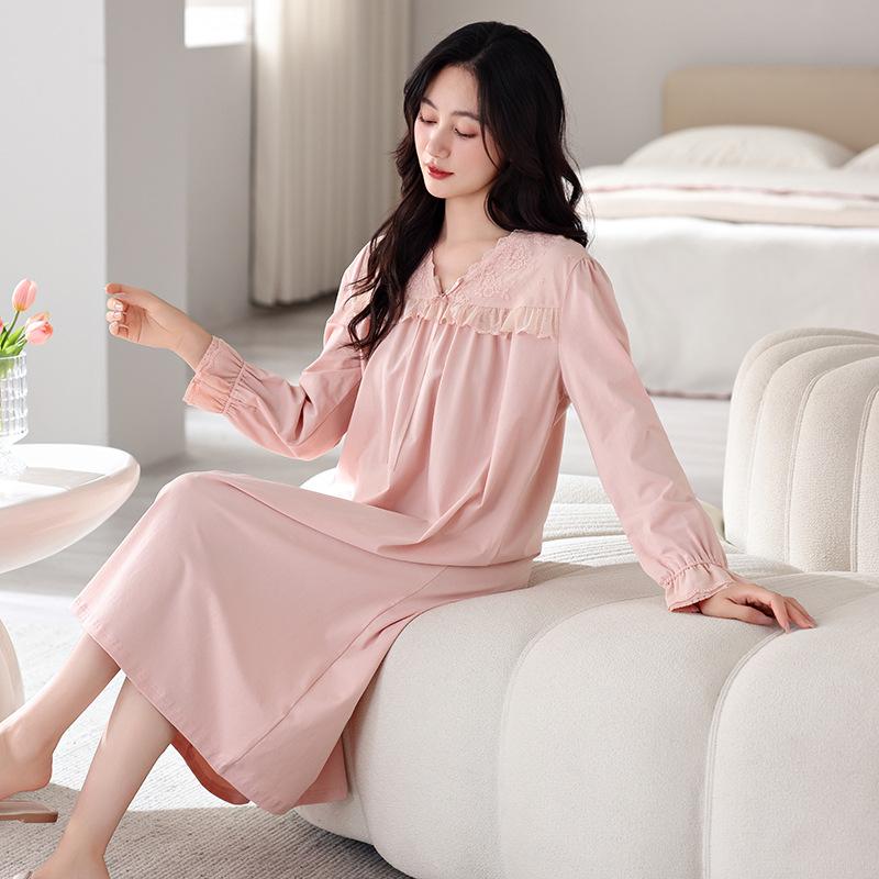 Пижама Женская Весна и Осень Хлопковая Пижама с Длинным Рукавом Юбка Кружево Кружево Можно Носить На Улицу Средней Длины До Колена Домашняя Одежда