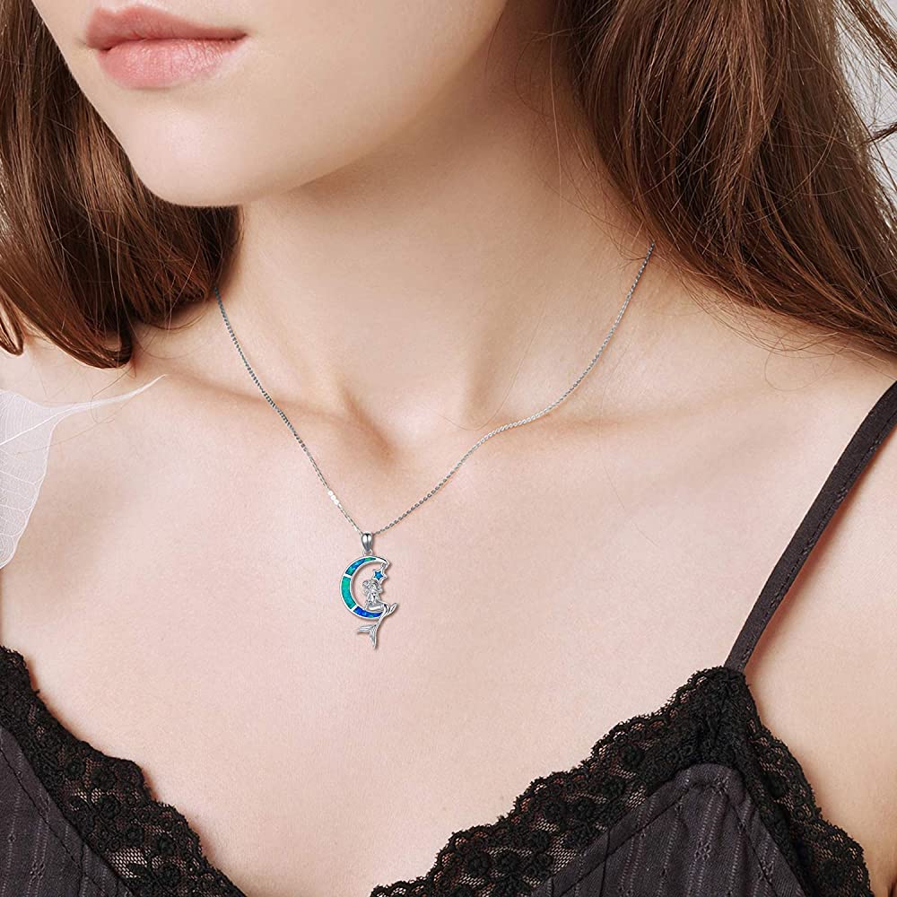 Boho Fashion Mermaid Star Moon Pendant Blue Imitation Opal Silver Color Chain Necklace for Women's Wedding Party Jewelry Gifts
