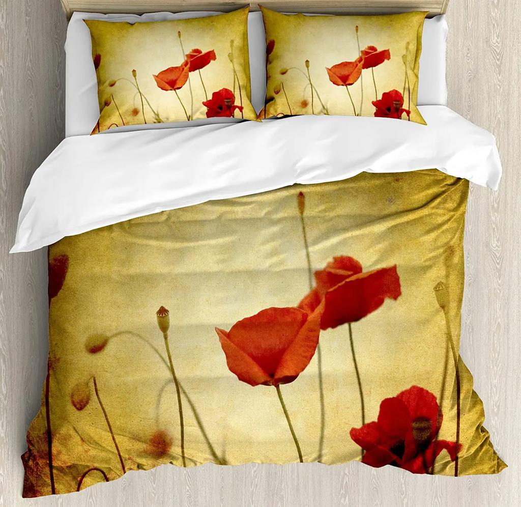 Цветочный Постельный Комплект Одеяло Пододеяльник Наволочки Маки Весеннего Сезона Пасторальные Цветы Постельное Покрывало для Двуспальной Кровати