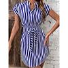 Женское полосатое платье на шнуровке, модное тонкое темпераментное мини-платье с v-образным вырезом и белым воротничком, уличная повседневная одежда