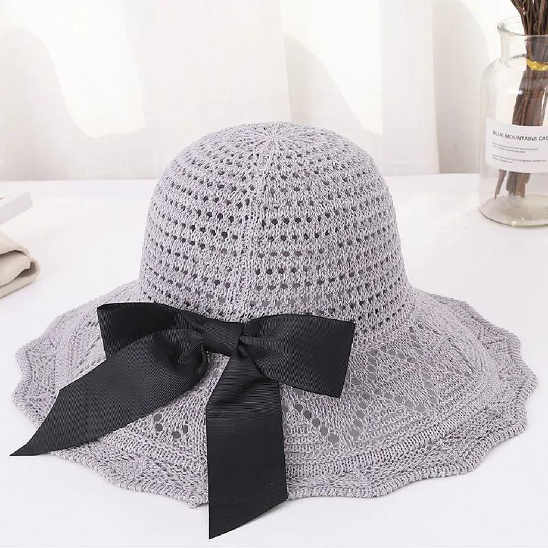 WTEMPO Summer Black Bow Wide Brim Outdoor Travel Knitted Hats Women's Foldable Solid Color Casual Versatile Hats