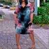 Summer Plus Size V Neck Short Sleeve Knee Pocket  Print Casual Dress For Women