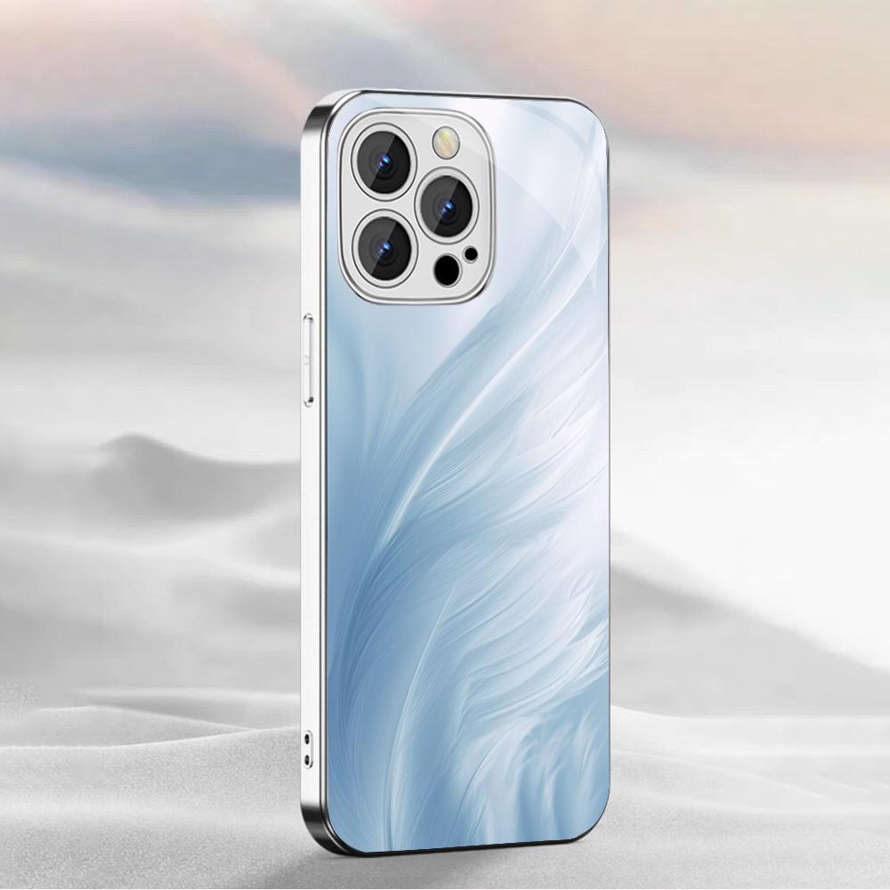 Light Blue Flowing Light Feather Silk Texture Tulip Heart Glass Phone Cover For iPhone 17 16 15 Pro Max 14 Plus 13 12 11 Plus