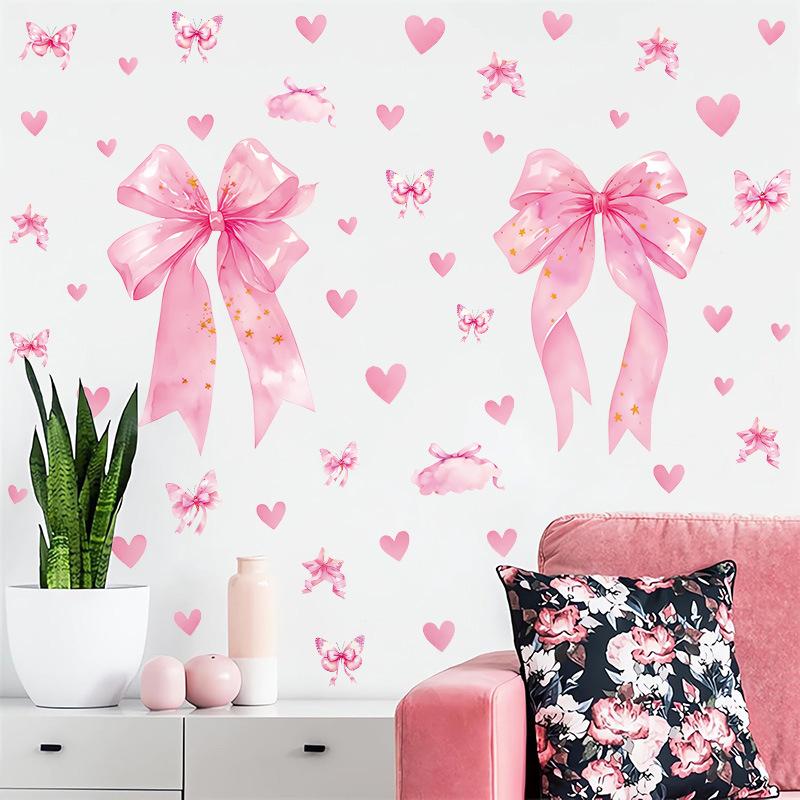 Bohemian Heart Bow Girl Bedroom Wall Sticker, Pink PVC Self-Adhesive Background Wall Decal, Cute Cabinet Sticker Home Decor