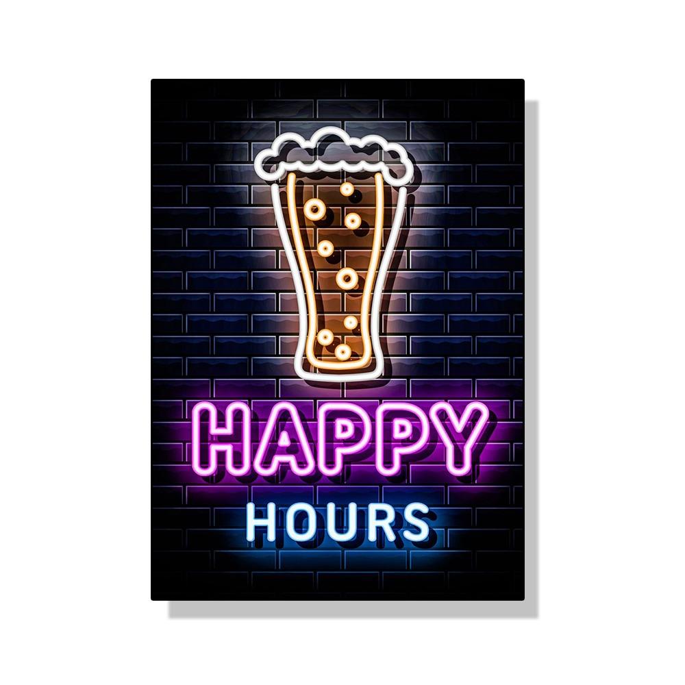 Неоновый эффект Пиво Happy Hour Паб Плакат Печать Холст Картина Настенная картина Для Бара Гостиная Домашнее украшение БЕЗ СВЕТОДИОДОВ