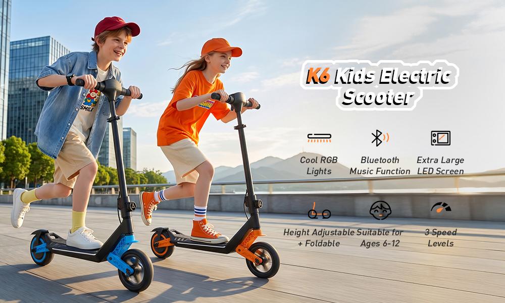 Детский электросамокат K6 150 Вт 2,6 Ач 6,5'' Сплошные шины Bluetooth-динамик Светодиодные огни Складной и регулируемый по высоте Макс. скорость 16 км/ч Дальность 7-9 км для детей