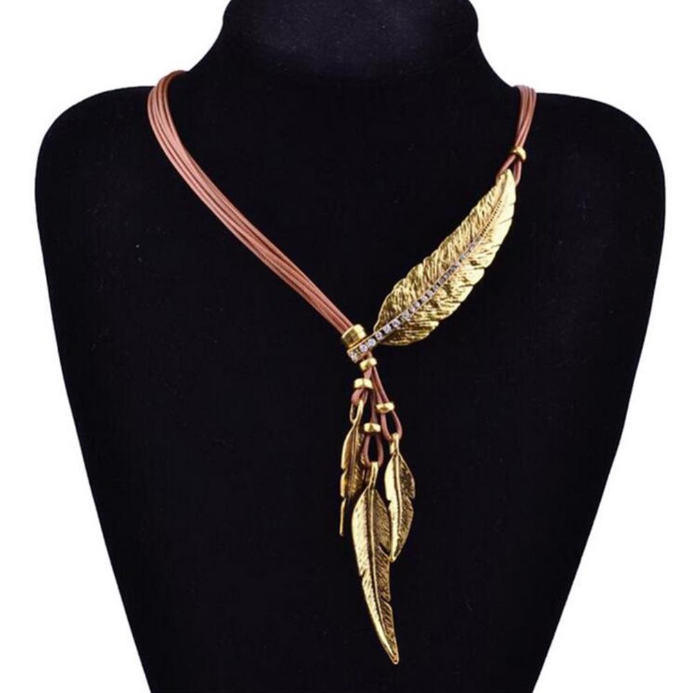 European & American Black Leather Feather Diamond Tassel Necklace - Multi-layer Women's Clavicle & Sweater Chain
