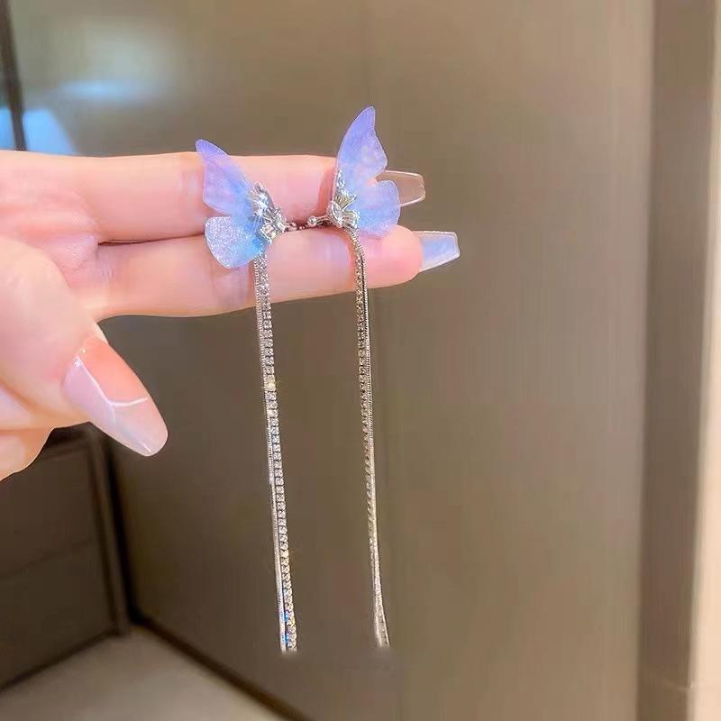 Blue & Purple Gradient Butterfly Fairy Tassel Ear Clip - No Piercing - Elf Style Earrings for Women