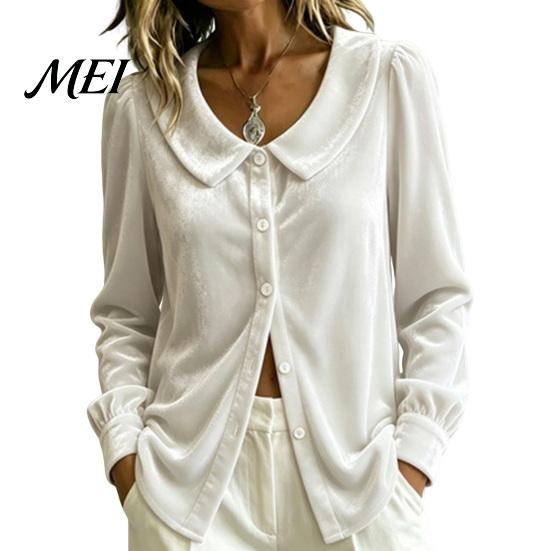 Autumn Shirt Fall Winter Women Velvet Shirt, Regular Fit Button Down Long Sleeve Office Work Top Top, Soft Solid Color Lapel Collar Blouse for