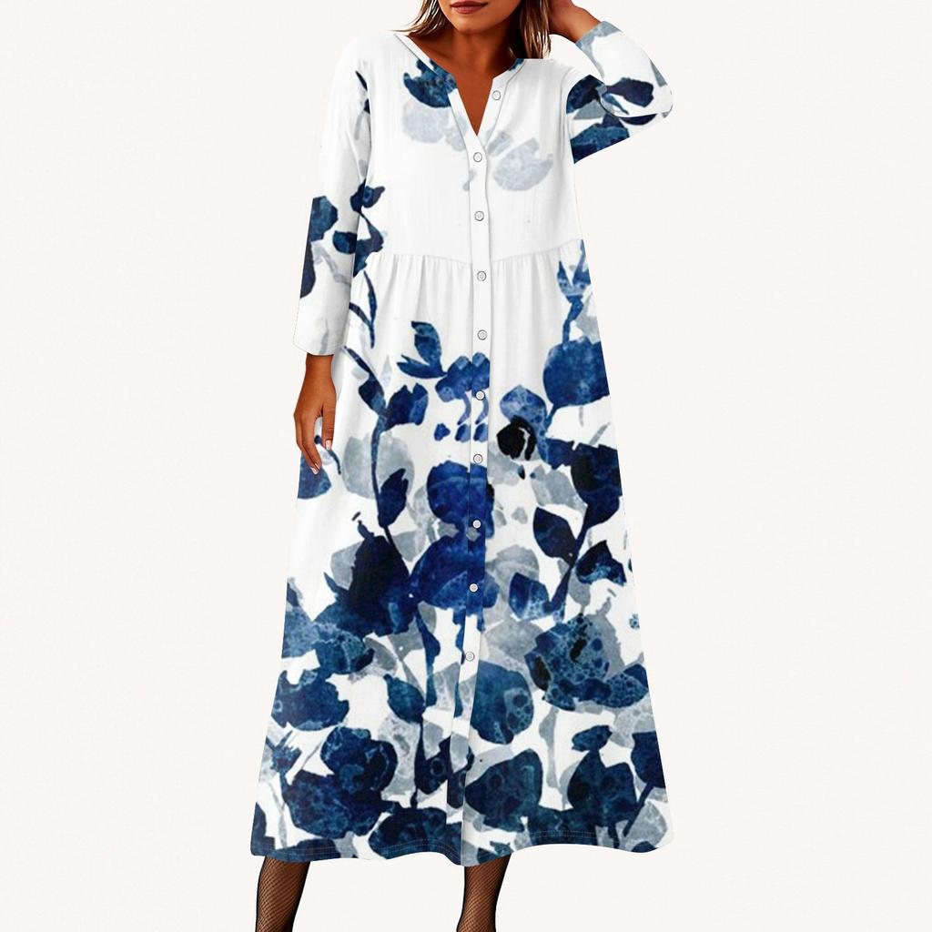 Женское модное платье-рубашка свободного кроя с принтом, круглым вырезом и рукавами семь четвертей на пуговицах