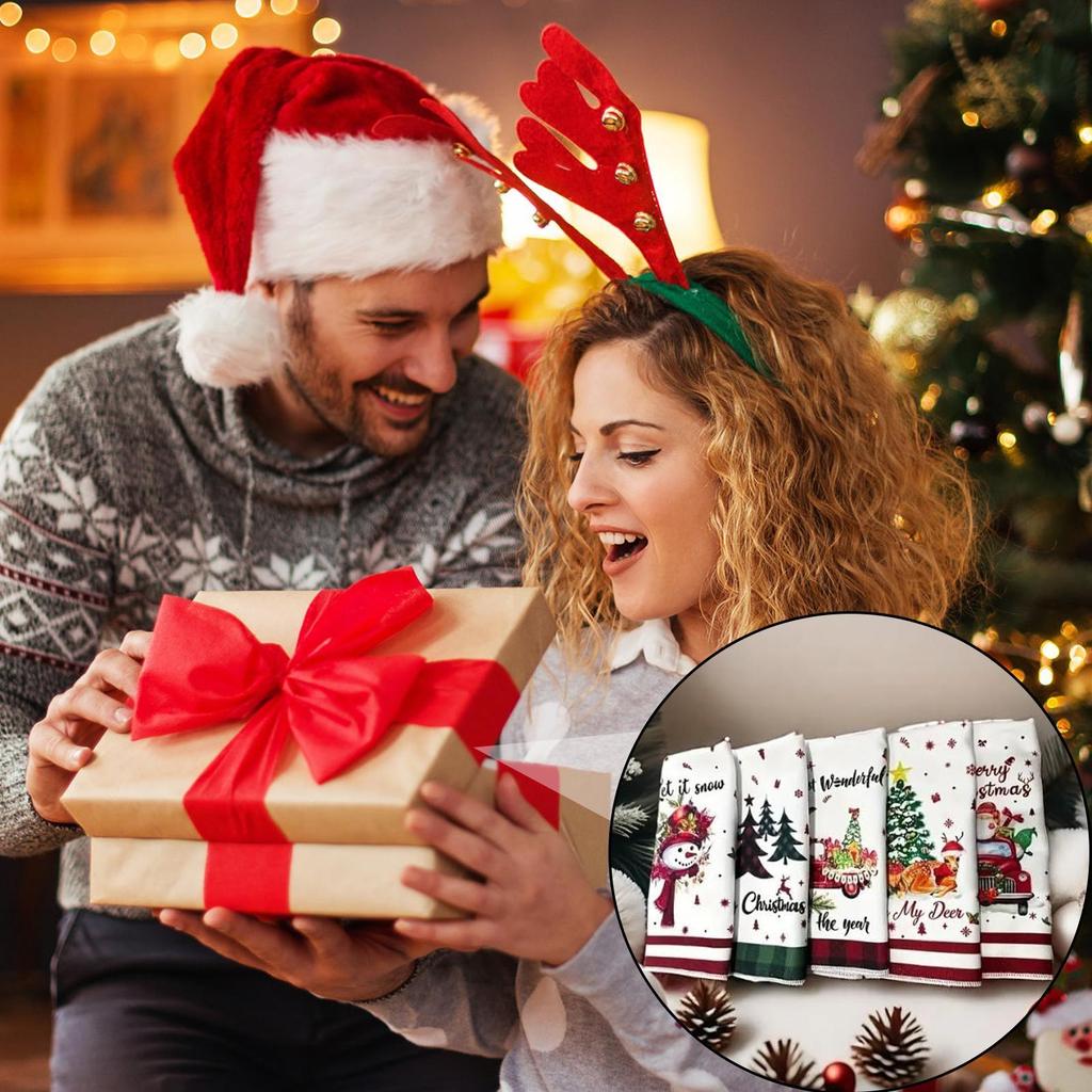 Christmas Kitchen Towels 5 Pieces Festive Dishcloth Santa Claus Elk Snowman Gnome Christmas Towels for Holiday Party Home Dining