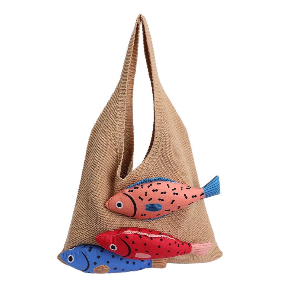 Crochet Weave Knitted Bag Cotton Beach Bag Trendy Fish Shoulder Bag Tote Bag