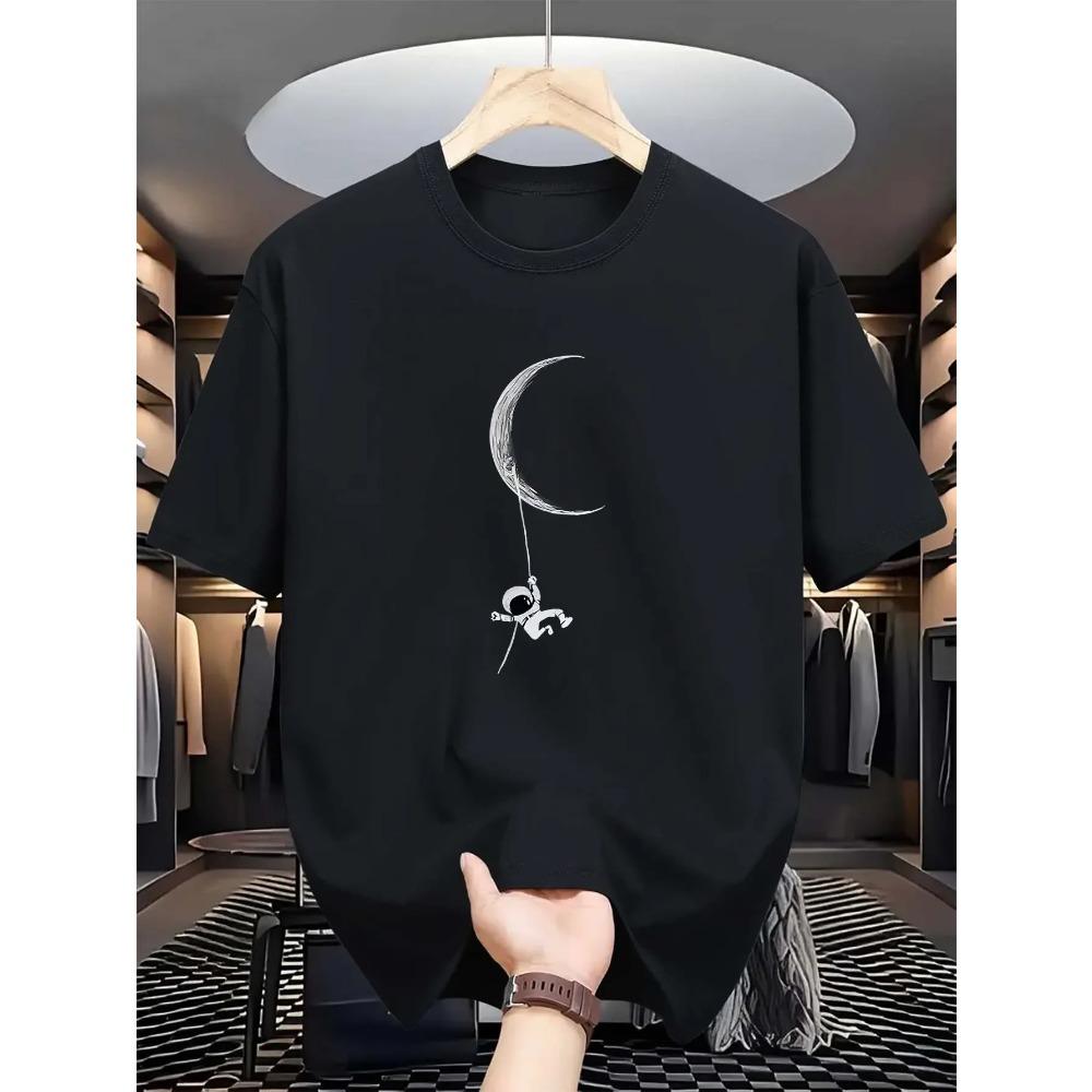 Мужская футболка с принтом «Астронавт и Луна», повседневная футболка с коротким рукавом и круглым вырезом, состав, стандартный крой, легкая эластичность