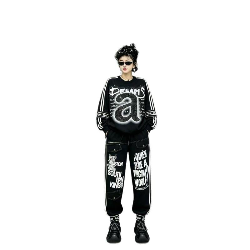 Womens 2026 Streetwear Tracksuit Set Loose Fit A Letter Print Rhinestone Detail Drawstring Jogger Pants Two-Piece