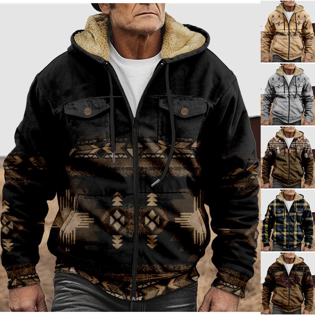 Men'S Winter Zipper Hooded Fleece Sweatshirt With Patch Pocket Casual Jacket
