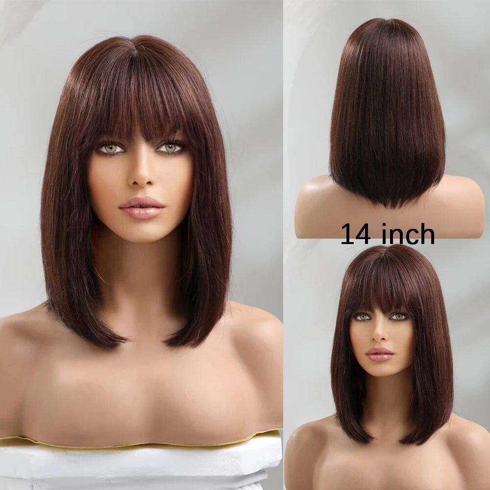 HAIRCUBE Прямые парики из натуральных волос Боб с челкой Темно-коричневые короткие парики Боб для женщин Парики машинного производства Remy, термостойкие