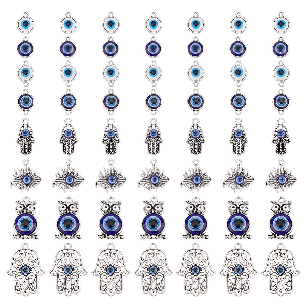 Evil Eye Jewelry Making Finding Kit Including Zinc Alloy Connector Charms & Pendants with Enamel Flat Round & Hamsa Hand & Owl Mixed Color