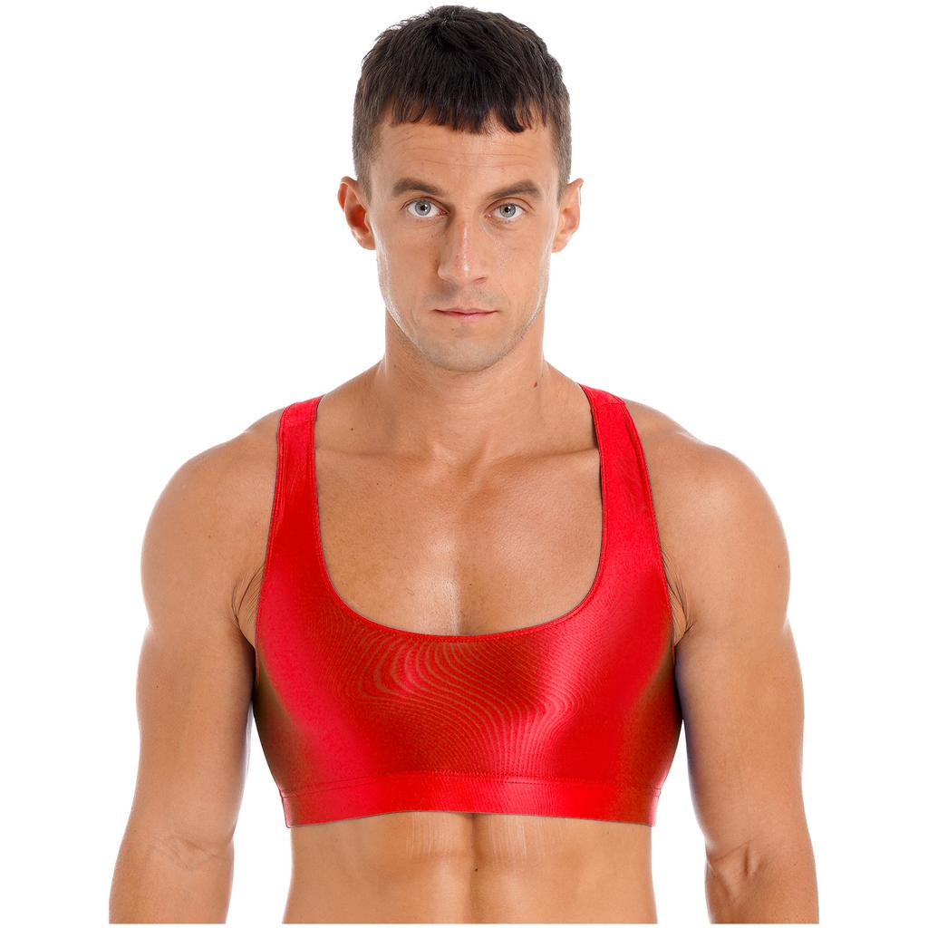 Mens Solid Color U Neck Crop Tank Top Sleeveless Glossy Vest Fitness Yoga Gym Wear