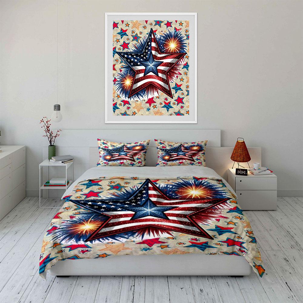 Patriotic Star Firework Design Bedding Duvet Cover Set Duvet Cover Pillowcases (1 * Duvet Cover 2 * Pillowcases, without duvet insert)