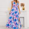 Casual Halter Sleeveless Sexy Dress Blue V-neck Lace-up Beach Dress Summer Flower Printed Long Slit Dress Women Clothing 25231