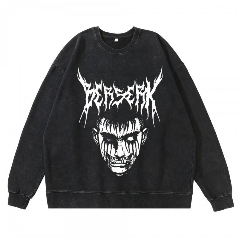 Heavyweight 360g Washed Vintage Berserk Anime Streetwear Cotton Pullover Hoodie Men