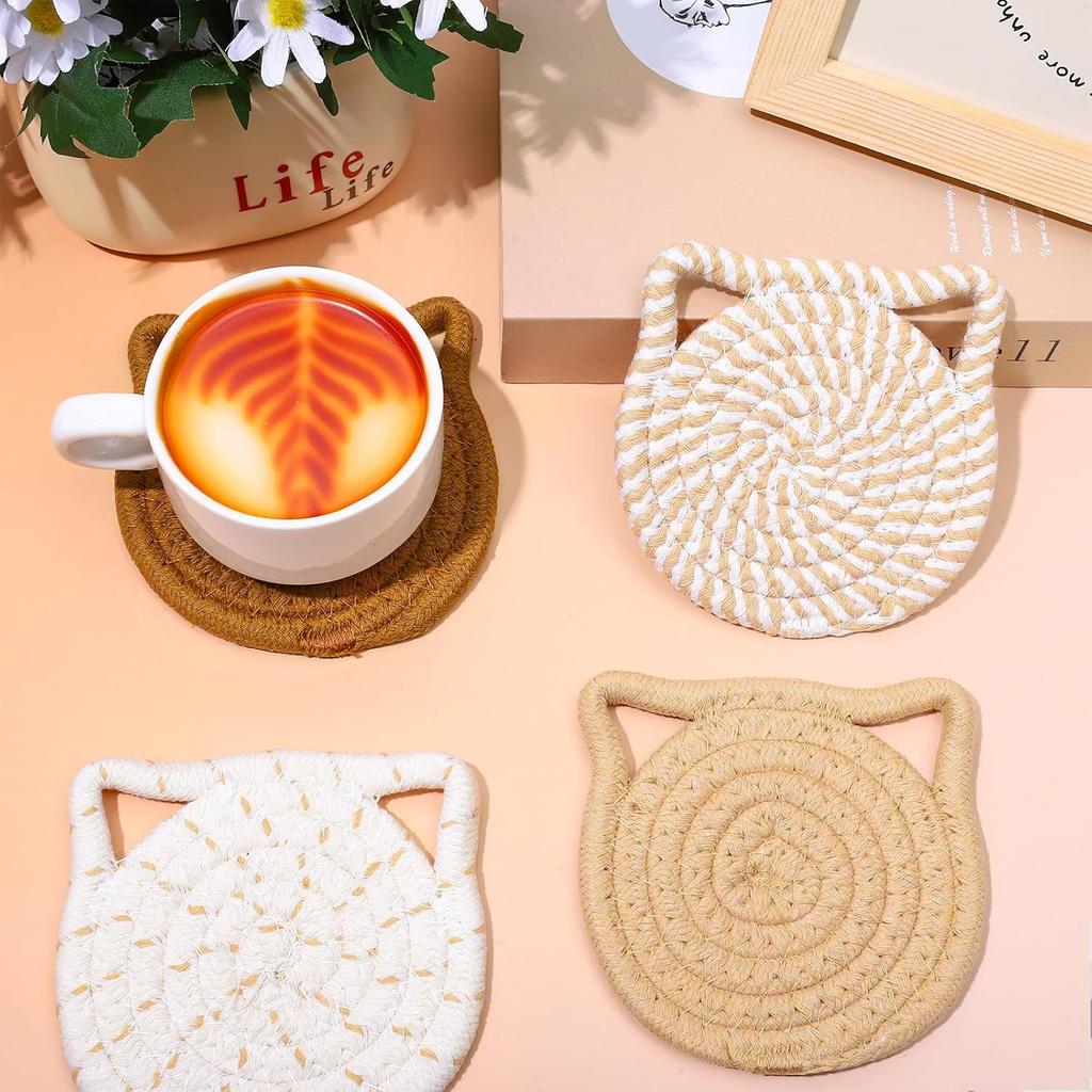 Cat Ear Coasters Set Brown White Handmade Braided Cotton Coasters Non-Slip Absorbent Drink Coaster No Holder