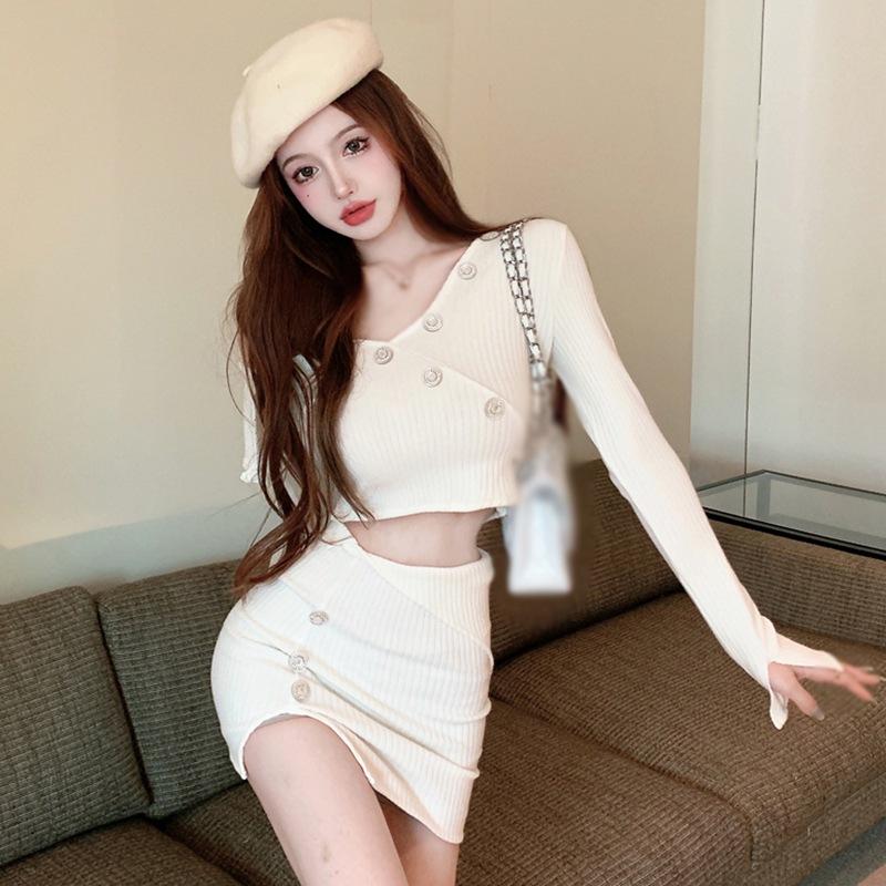 Женский кардиган с длинным рукавом на пуговицах, кроп-топы и комплекты юбок, мини-платье бодикон, комплект из 2 предметов