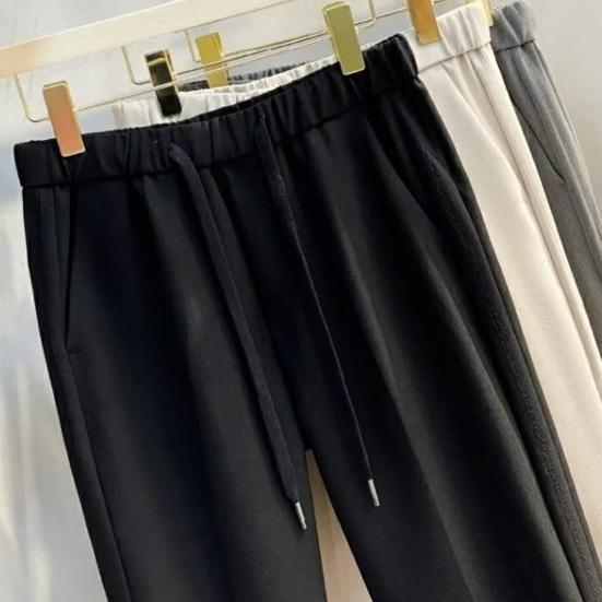 Men Suit Pants Drawstring Elastic Waist Straight Leg Solid Color Loose Formal Business Style Office Wear