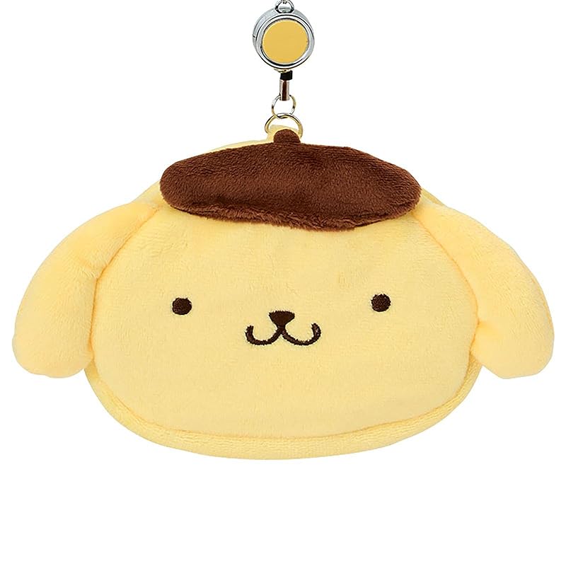 SANRIO Кошелек-визитница в форме лица - Помпонпурин - Хлопок-ПВХ-Сталь-Полиэстер - Держатель для карт с выдвижной шнурком - Отделение для мелочей - Подходит