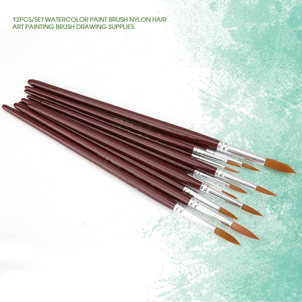 12Pcs Set Watercolor Paint Brush Nylon Hair Art Painting Brush Drawing Supplies(Round Tip)
