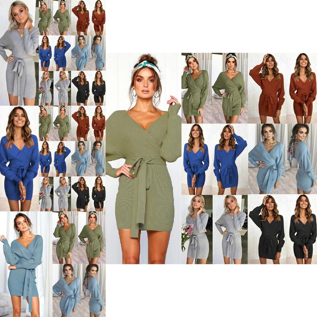 Элегантное женское облегающее платье-джемпер с V-образным вырезом, длинными рукавами и поясом-завязкой