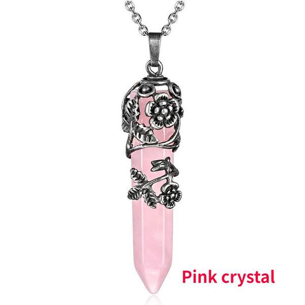 Мода Натуральный Кристалл Шестиугольная Колонка Винтаж Сплав Роза Кулон Аметист Кристалл Ожерелье