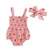 Baby Girl 2Pcs Summer Outfits Sleeveless Heart Print Smocked Romper with Headband Set Infant Clothes