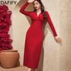 Women's Fashion Spring Fall Solid Color Print Long Sleeve V-Neck High Waist Casual Dresses