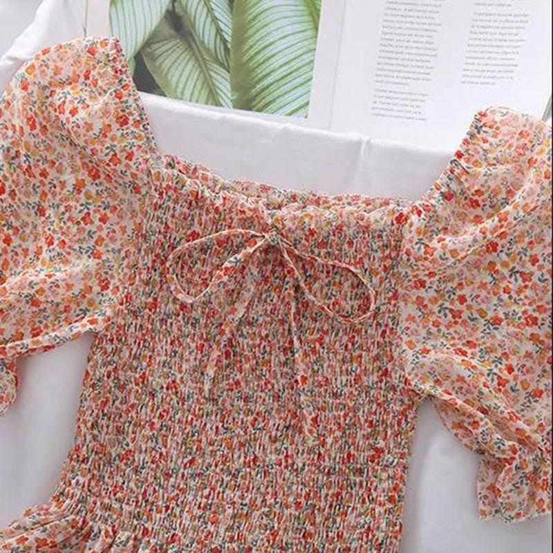 Women's Puff Sleeve Chiffon Shirt Off Shoulder Square Neck T-Shirt Slim Fit Women's Floral Top Womens Blouses