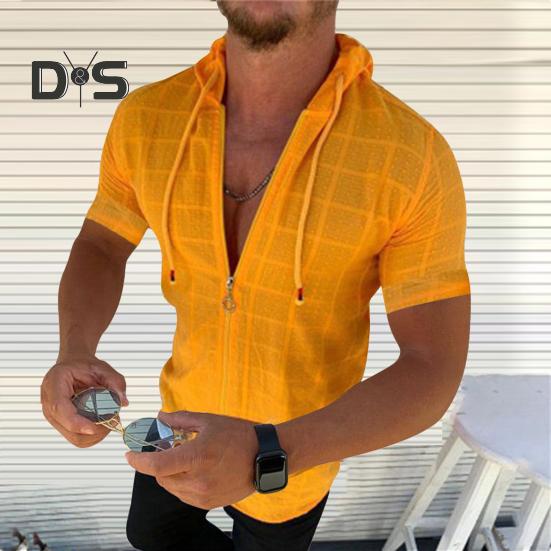 Мужская футболка с капюшоном, короткими рукавами, клетчатая футболка на молнии, повседневный тонкий летний топ для спорта, отдыха на природе, пляжа