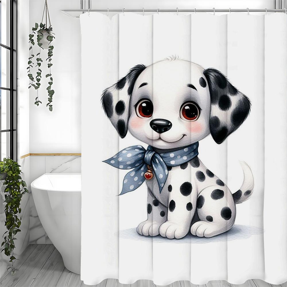 Cute Spotted Dog Silk Towel Shower Curtain, Bathroom Decorative Shower Curtain, Waterproof Shower Curtain with Hooks