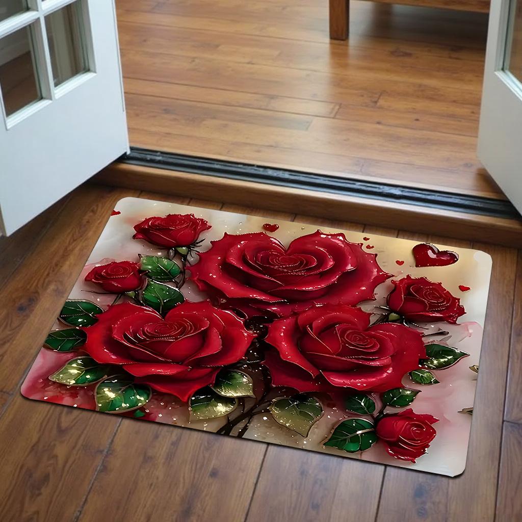 1pc, Red Heart Rose Pattern Door Mat, Rectangular Rug, Fleece Material, 10Mm Thick, 500G/M2, Machine Washable Soft Carpet, Suitable for Entrance, Kitc