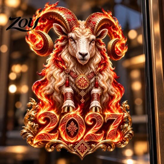 Holiday Atmosphere Decorations 2027 Russian New Year Flame Goat Static Glass Sticker, PVC Zodiac Sheep Window Cling for Home and Transparent