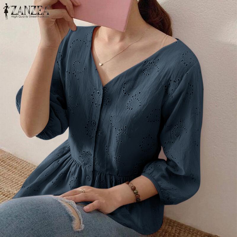 ZANZEA Женские летние кружевные рубашки с V-образным вырезом и рукавом-фонариком 3/4