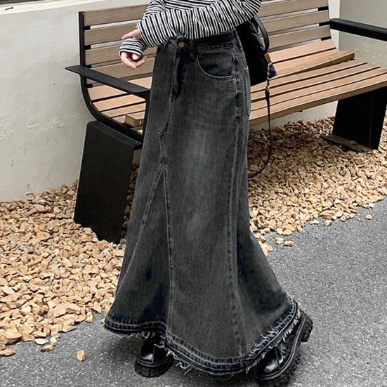 Women Skirt A-line Big Swing Denim Retro Pockets Patchwork Solid Color High Waist Button Zipper Closure Ankle Length Ripped Edge Lady Maxi Skirt