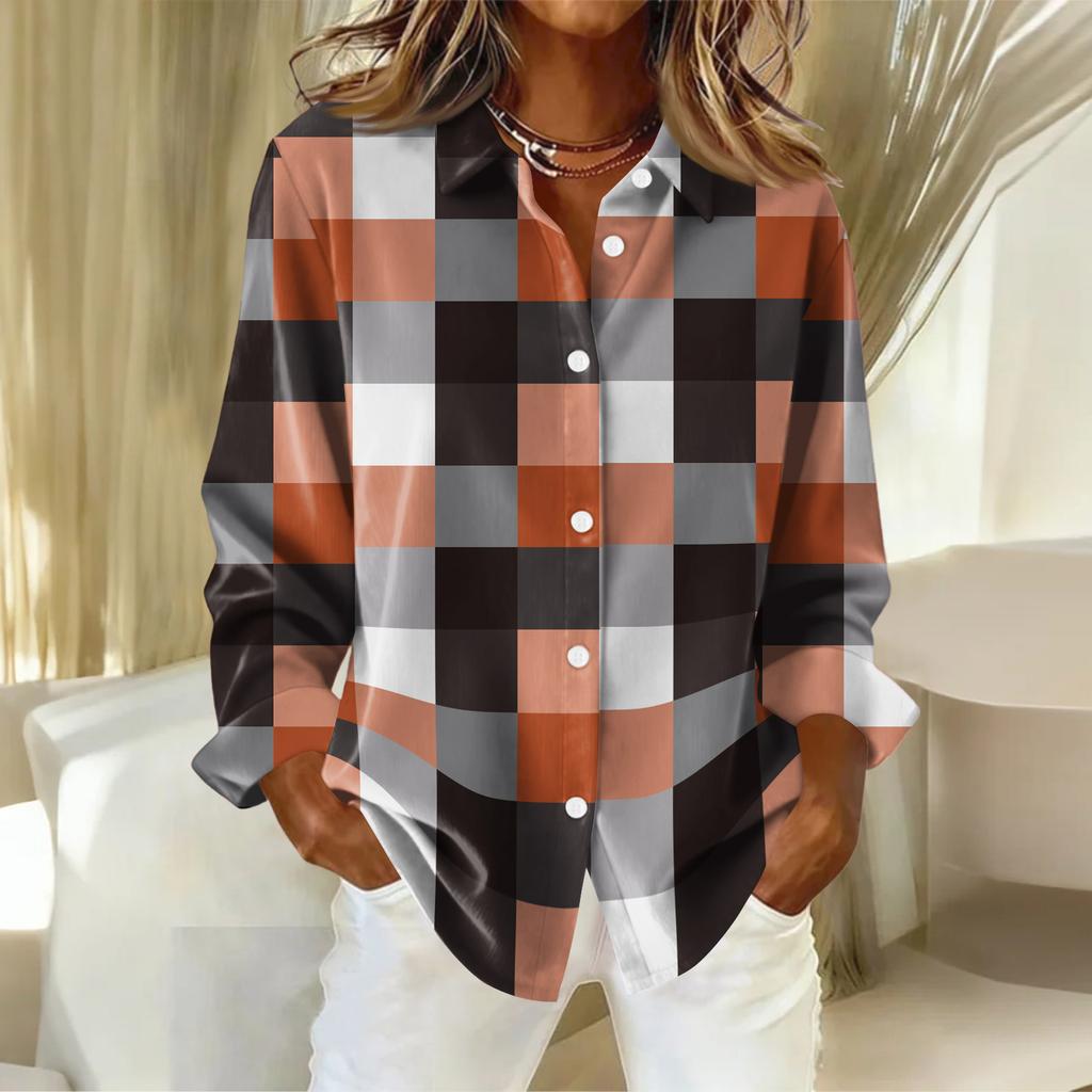 Женская рубашка-блузка с рождественским принтом и пуговицами, длинный рукав, повседневный базовый рубашечный воротник, обычный топ